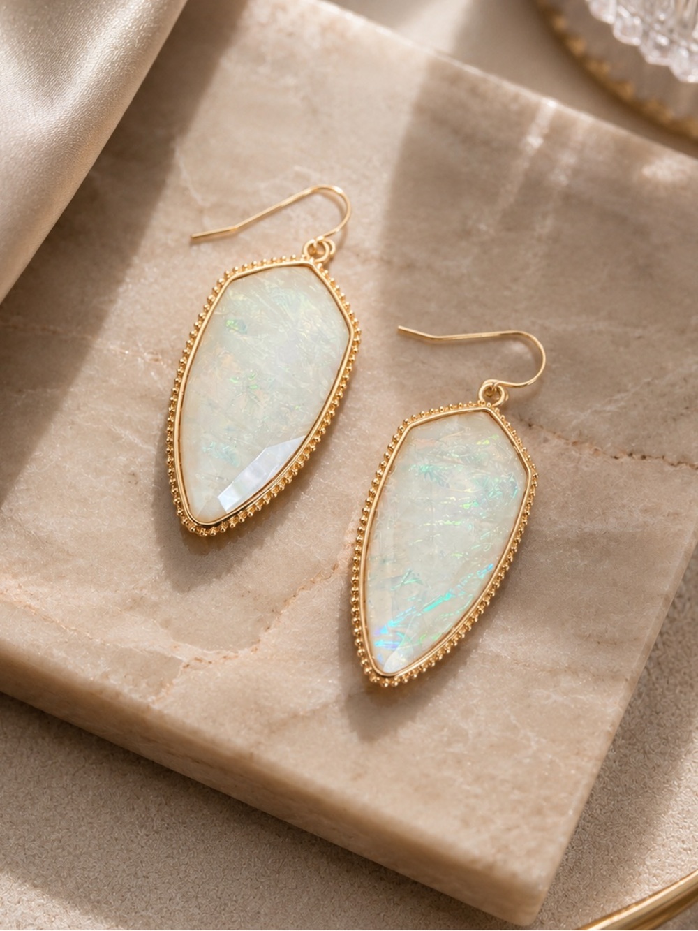Gold & White Opal Drop Earrings